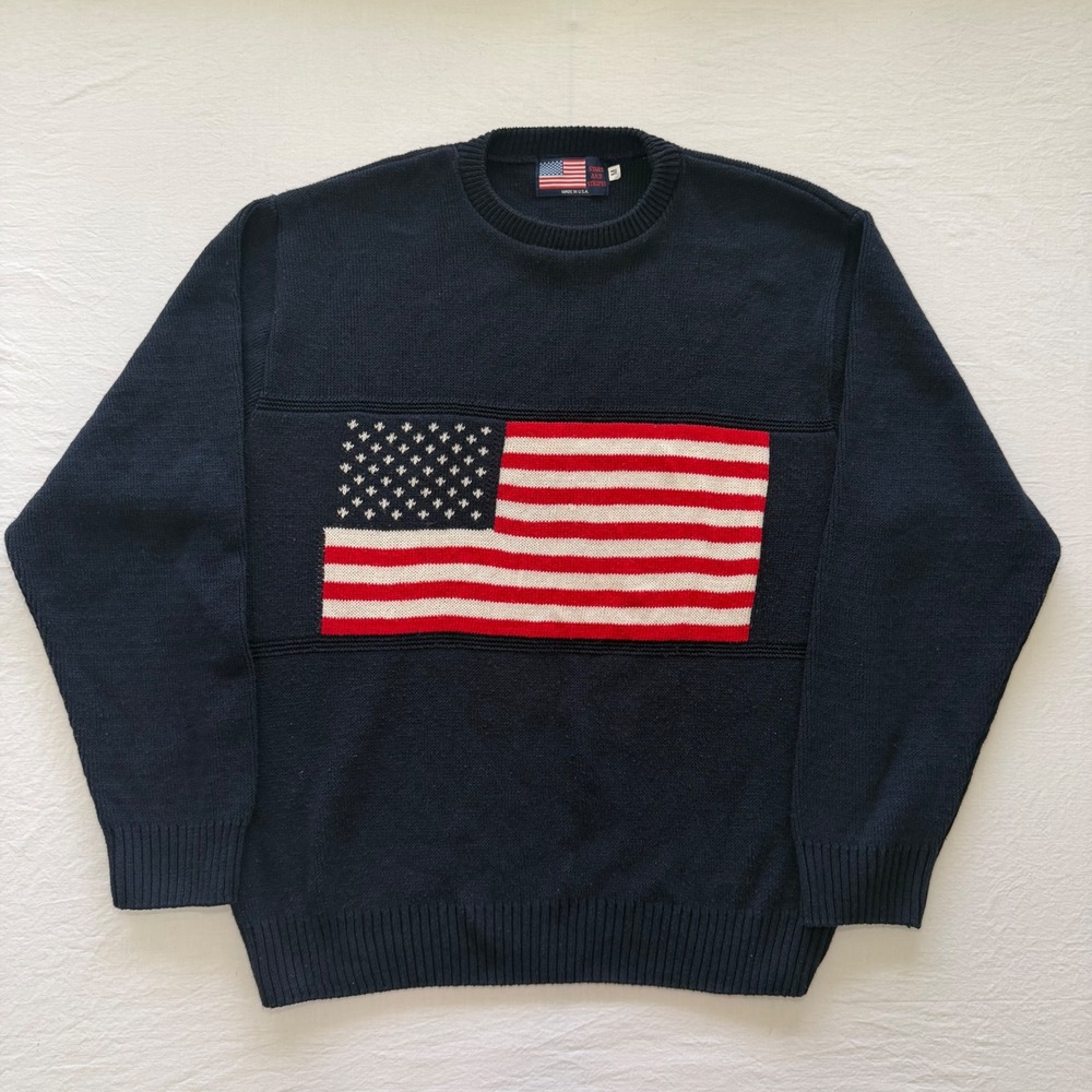 Stars And Stripes American Flag Sweater Size Medium Navy Cotton Knit Made In USA